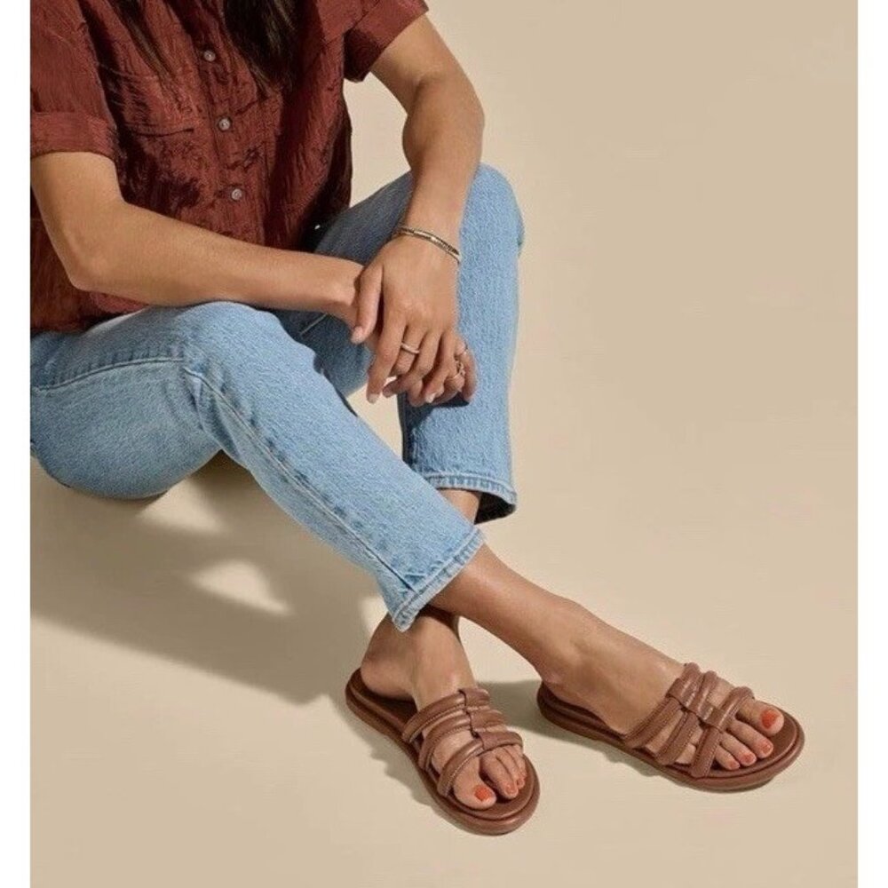 OluKai Women's Brown Leather Strappy Slide Sandals